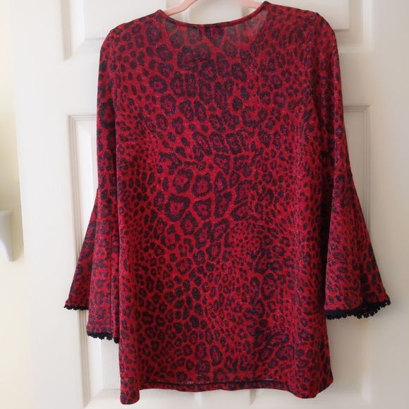 Susan Graver Sparkly Red Leopard Sweater with Bell Sleeves  size S - Picture 7 of 14